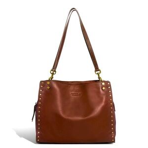 Brown Leather Satchel with Gold Accents and Structured Design